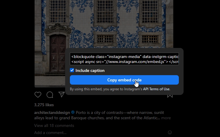 copying instagram embed code on desktop