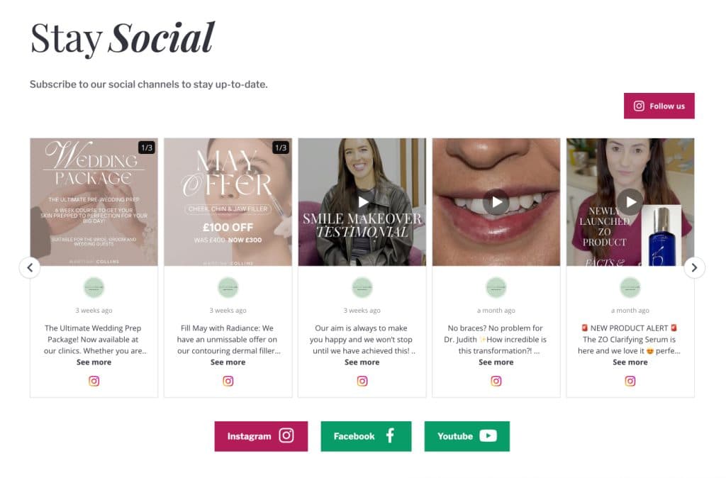 Example of an Instagram slider for a Skin care and dentist service