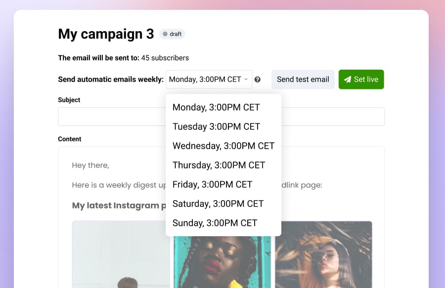 page to schedule social media newsletter via feedlink